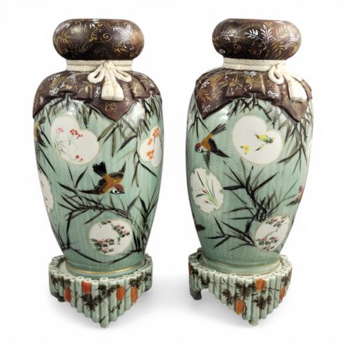 A MONUMENTAL AND UNIQUE PAIR OF MEIJI PERIOD SETO PORCELAIN VASES BY KATO SANHEI ON MATCHING ORIGINAL PORCELAIN STANDS