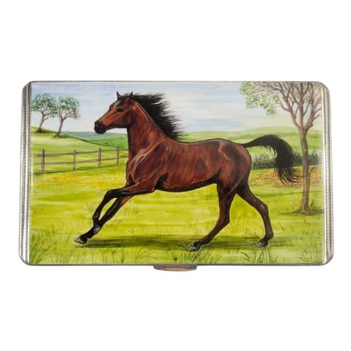 fig 1. Antique British Silver Cigarette Case, Enamel Horse, Birmingham 1917