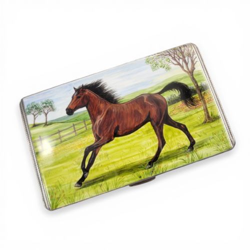 Antique British Silver Cigarette Case, Enamel Horse, Birmingham 1917