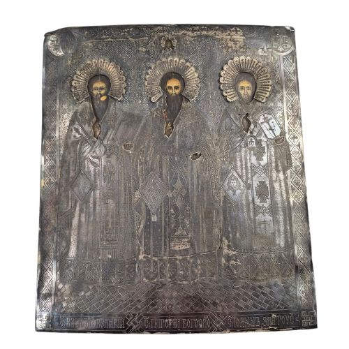 1884 Orthodox Three Holy Hierarchs Icon in Silver Riza by Heinrich Grünbaum