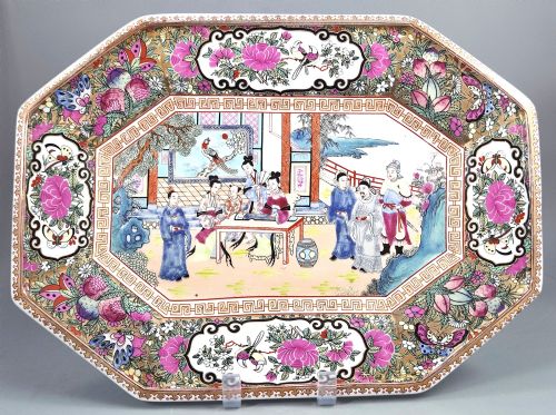 Chinese Famille Rose Octagonal Tray, Garden Court Scene, Qianlong Mark, Early 20th C