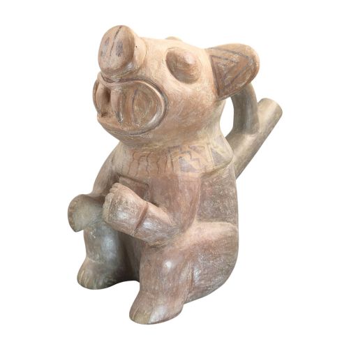 fig 1. A pre-Columbian terracotta zoomorphic vessel featuring an animal form with painted geometric patterns around the neck and a integrated handle spout.