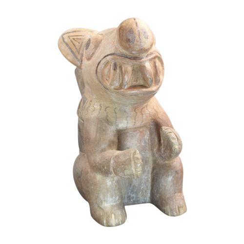 fig 2. A pre-Columbian terracotta zoomorphic vessel featuring an animal form with painted geometric patterns around the neck and a integrated handle spout.