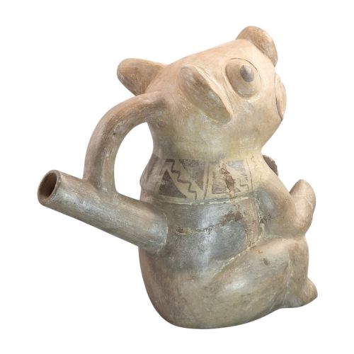 fig 3. A pre-Columbian terracotta zoomorphic vessel featuring an animal form with painted geometric patterns around the neck and a integrated handle spout.