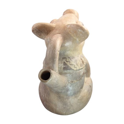 fig 4. A pre-Columbian terracotta zoomorphic vessel featuring an animal form with painted geometric patterns around the neck and a integrated handle spout.