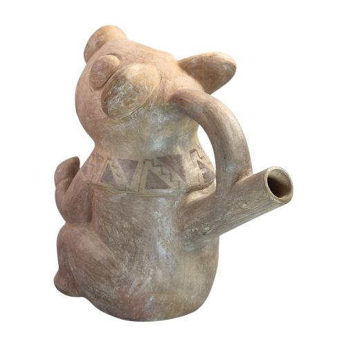 fig 5. A pre-Columbian terracotta zoomorphic vessel featuring an animal form with painted geometric patterns around the neck and a integrated handle spout.