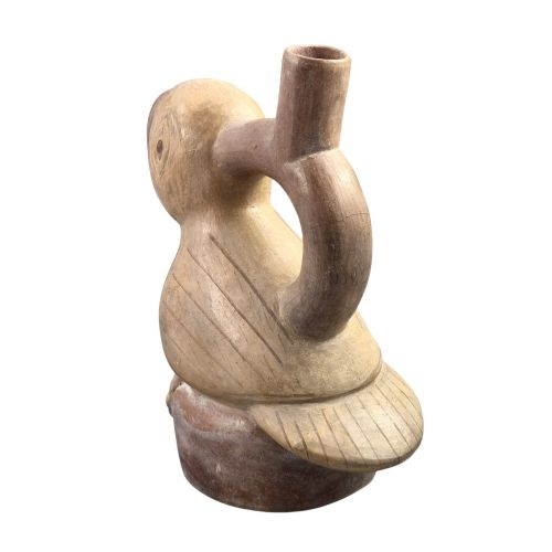 fig 1. A beige terracotta Pre-Columbian stirrup spout vessel sculpted in the shape of a perched bird.