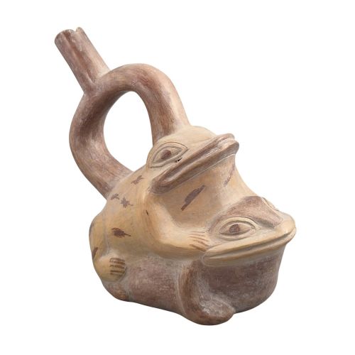 fig 4. A terracotta stirrup spout vessel sculpted in the form of two stacked frogs with incised facial details and painted accent lines.