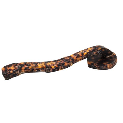 fig 2. A late 19th-century Chinese Qing Dynasty ruyi sceptre carved from translucent mottled amber and dark brown tortoiseshell with intricate relief carving along the handle and head.