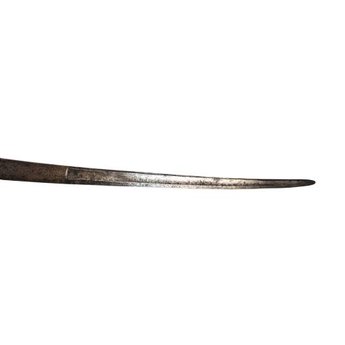 fig 3. A 19th-century Pesh-Kabz knife featuring a recurved single-edged steel blade with surface etching, a brass bolster, and a tapered carved horn handle.