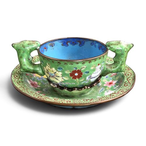 A Rare Chinese Canton Enamel Wine Cup and Stand with Hollow Chilong Handles, the Eight Buddhist Treasures and the Wan Shou Blessing, Late 18th Century