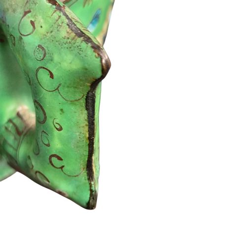 fig 7. An eighteenth-century Chinese Canton enamel wine cup with green dragon-shaped handles resting on a matching round saucer, decorated with floral motifs and symbols.