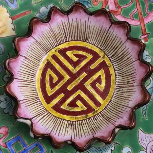 fig 10. An eighteenth-century Chinese Canton enamel wine cup with green dragon-shaped handles resting on a matching round saucer, decorated with floral motifs and symbols.