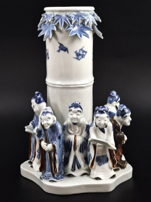 Rare Japanese Hirado Seven Sages Figural Bamboo Vase, Mikawachi, Edo Period C.1800