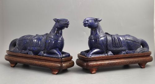Large Pair Chinese Lapis Lazuli Recumbent Horses on Silver Inlaid Stands, Late Qing