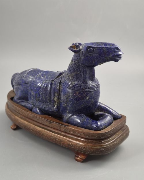 fig 2. Large Pair Chinese Lapis Lazuli Recumbent Horses on Silver Inlaid Stands, Late Qing