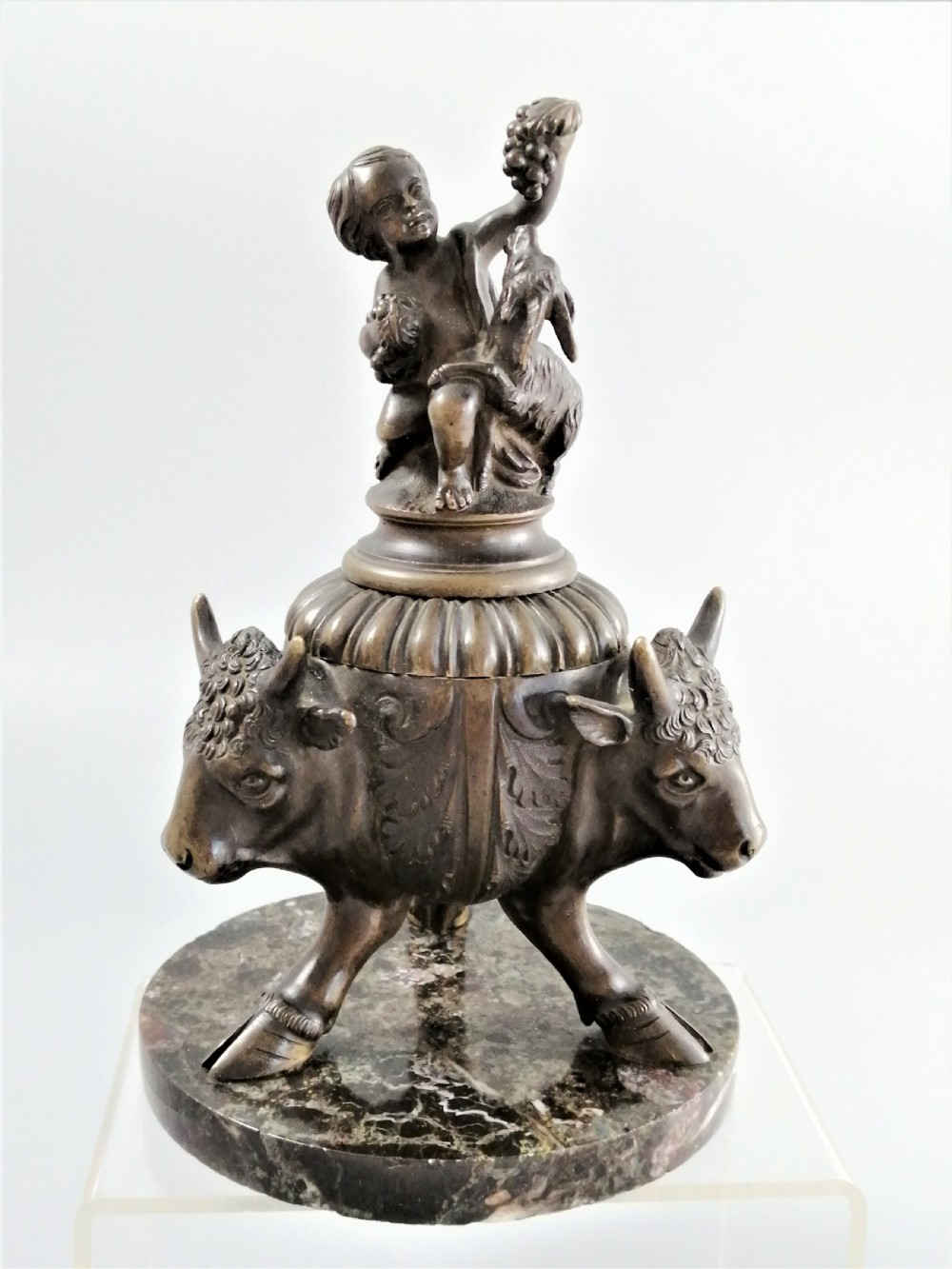 Bronze Grand Tour Inkwell of Young Bacchus and buck, on a base of Bronze Bulls, 1850