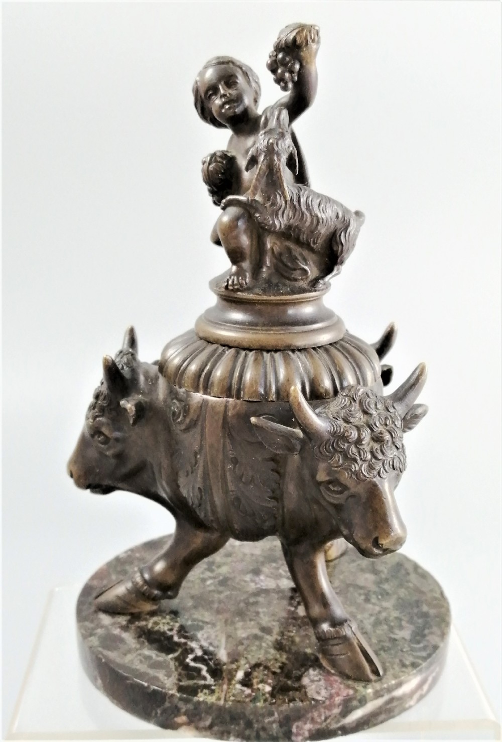 Bronze Grand Tour Inkwell of Young Bacchus and buck, on a base of Bronze Bulls, 1850 View II