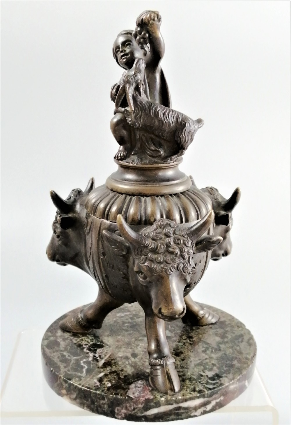 Bronze Grand Tour Inkwell of Young Bacchus and buck, on a base of Bronze Bulls, 1850 View III