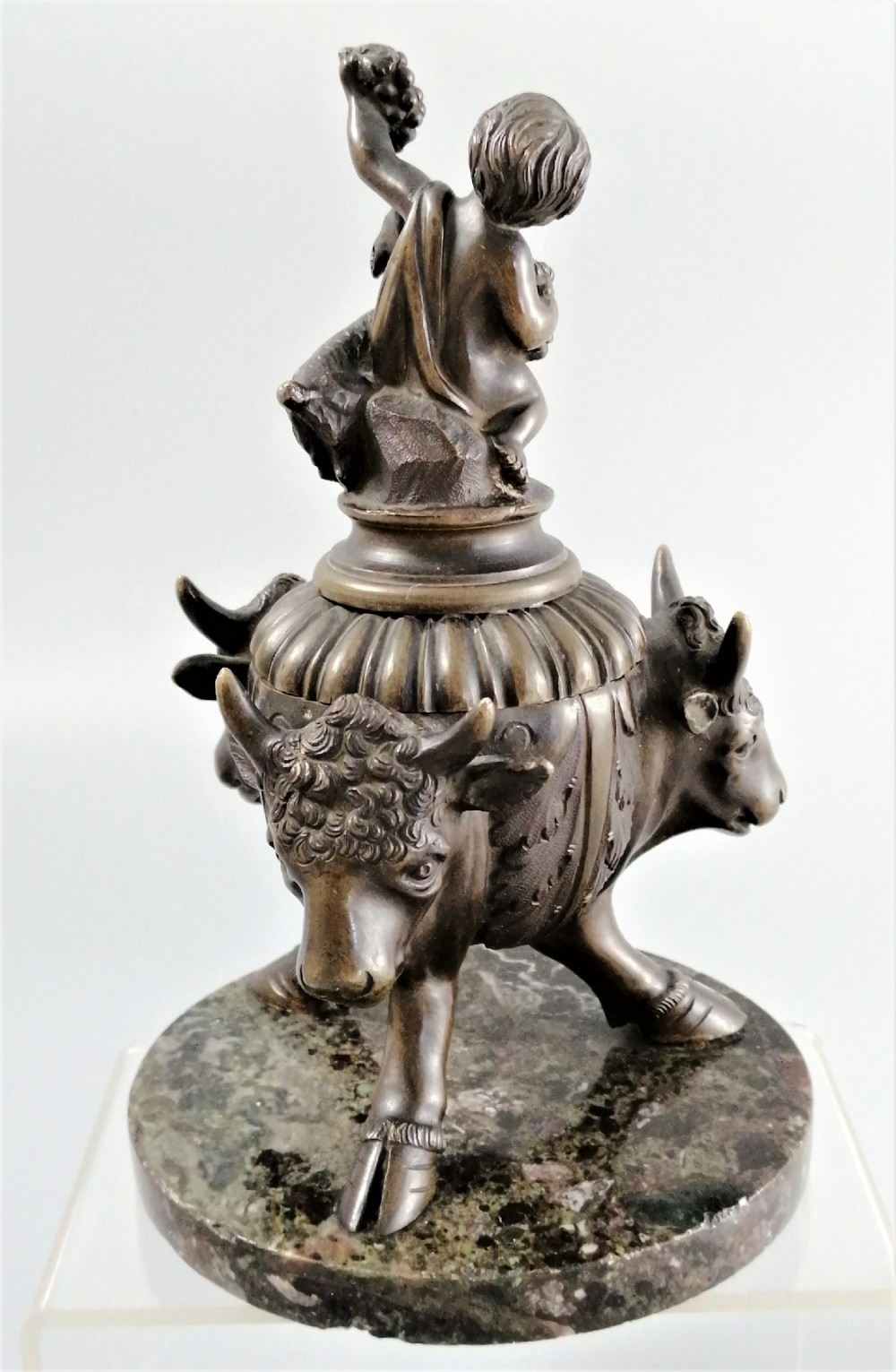 Bronze Grand Tour Inkwell of Young Bacchus and buck, on a base of Bronze Bulls, 1850 View VII