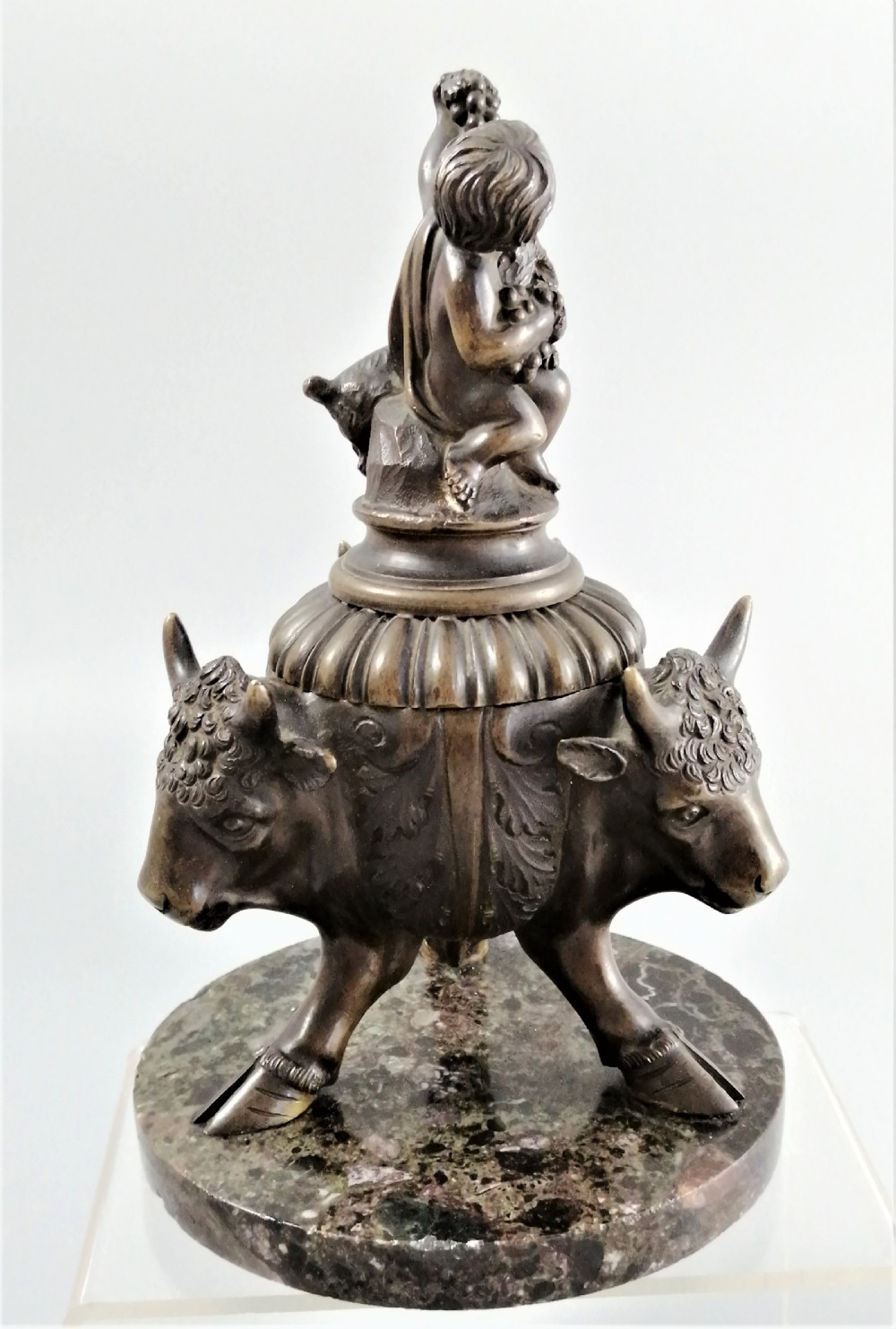 Bronze Grand Tour Inkwell of Young Bacchus and buck, on a base of Bronze Bulls, 1850 View VIII