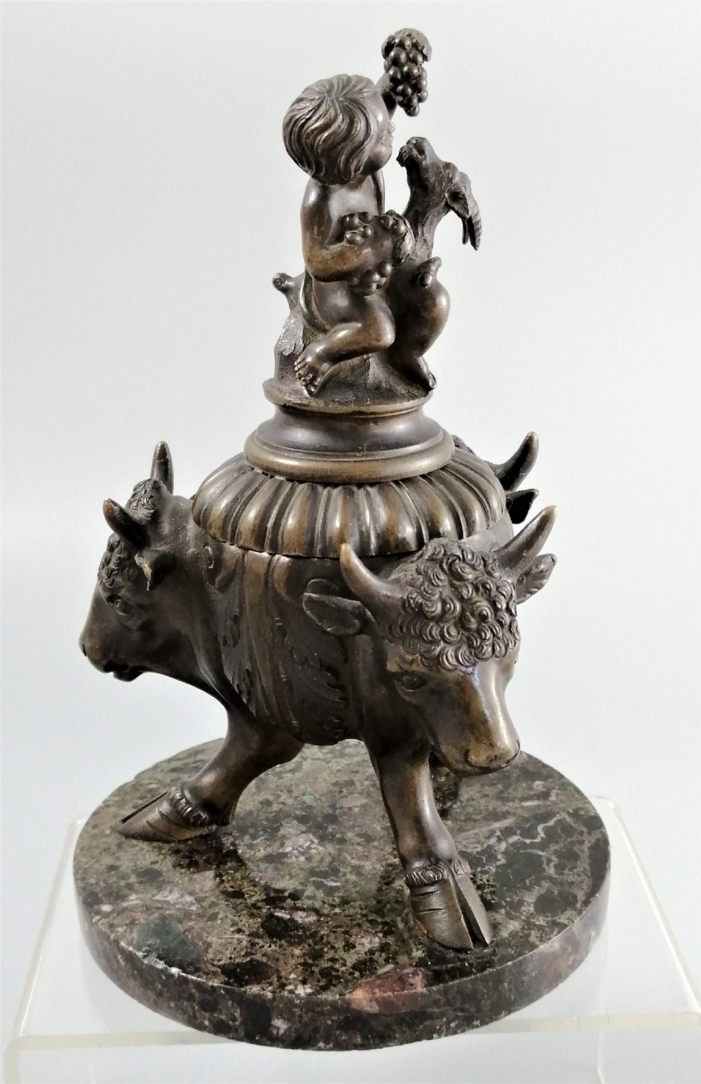 Bronze Grand Tour Inkwell of Young Bacchus and buck, on a base of Bronze Bulls, 1850 View IX