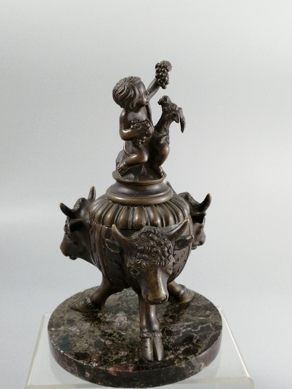 Bronze Grand Tour Inkwell of Young Bacchus and buck, on a base of Bronze Bulls, 1850 View X
