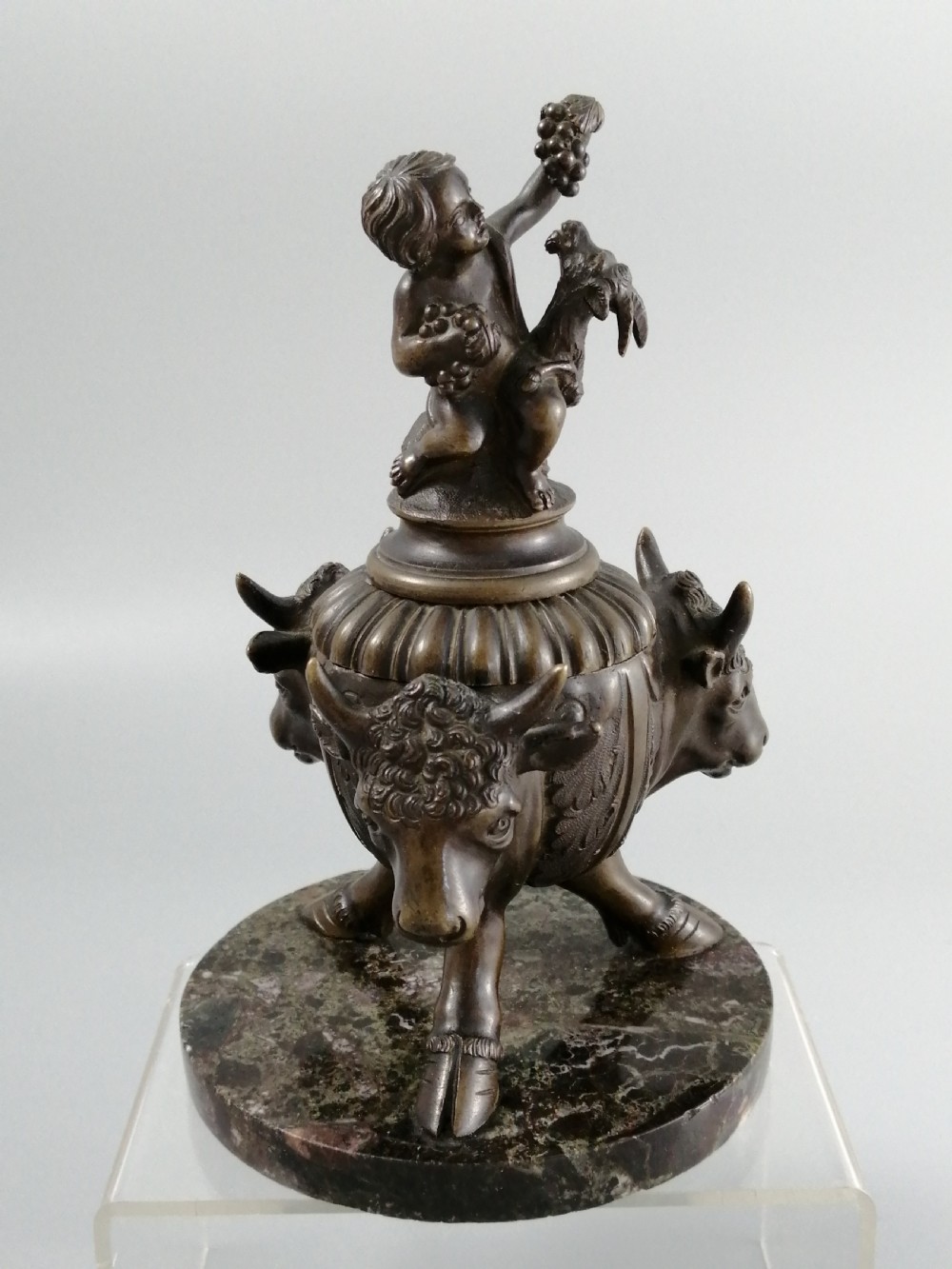 Bronze Grand Tour Inkwell of Young Bacchus and buck, on a base of Bronze Bulls, 1850 View XI