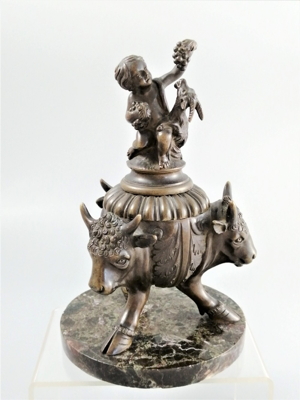 Bronze Grand Tour Inkwell of Young Bacchus and buck, on a base of Bronze Bulls, 1850 View XII