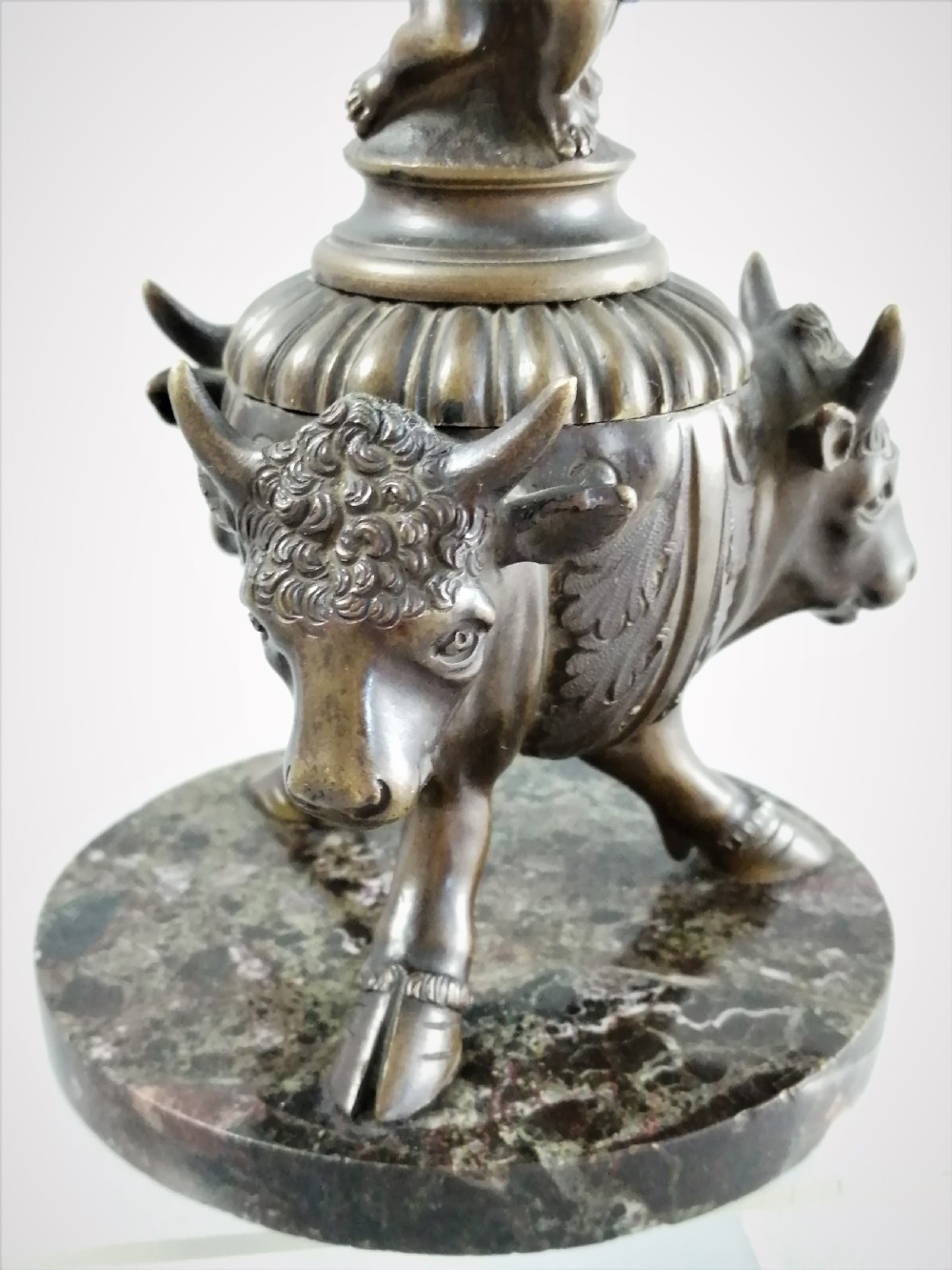 Bronze Grand Tour Inkwell of Young Bacchus and buck, on a base of Bronze Bulls, 1850 View XIV