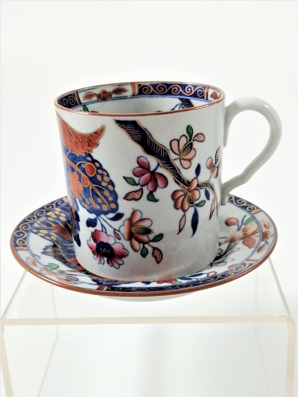 Antique Spode Stone China coffee cap and saucer in Tobacco Leaf Pattern(