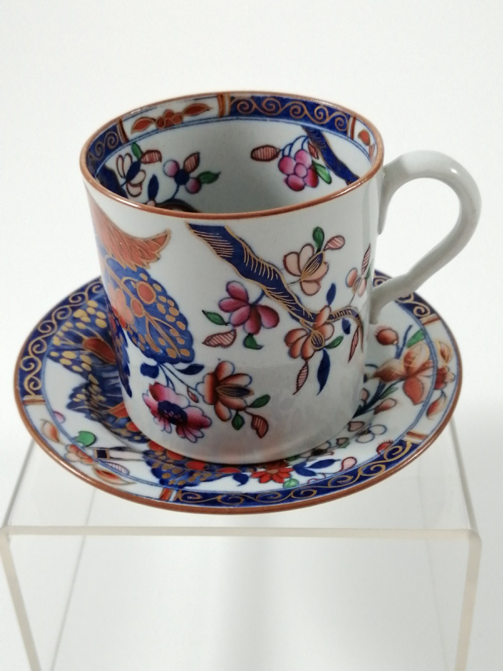 Antique Spode Stone China coffee cap and saucer in Tobacco Leaf Pattern(