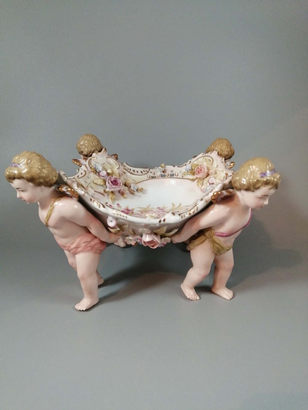 Antique German Schierholtz Figural Hand Painted Porcelain Cherubim vase View IV