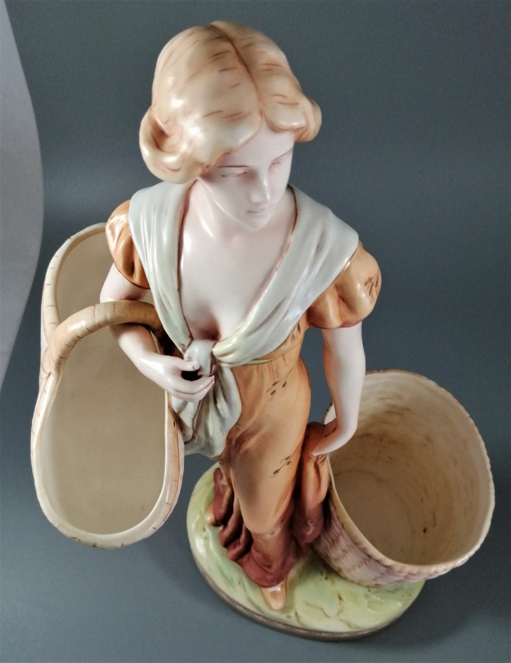 Antique Royal Dux figurine of a woman with wicker baskets View XII
