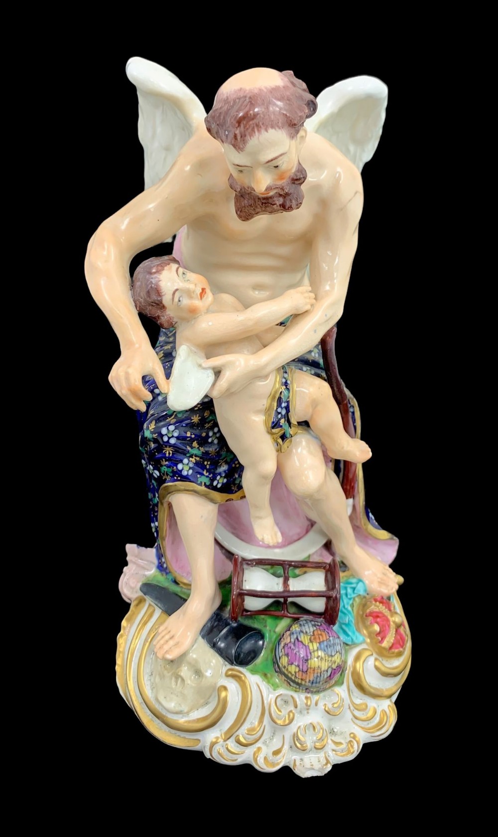 Early Derby porcelain group depicting Father Time clipping the wings of Cupid
