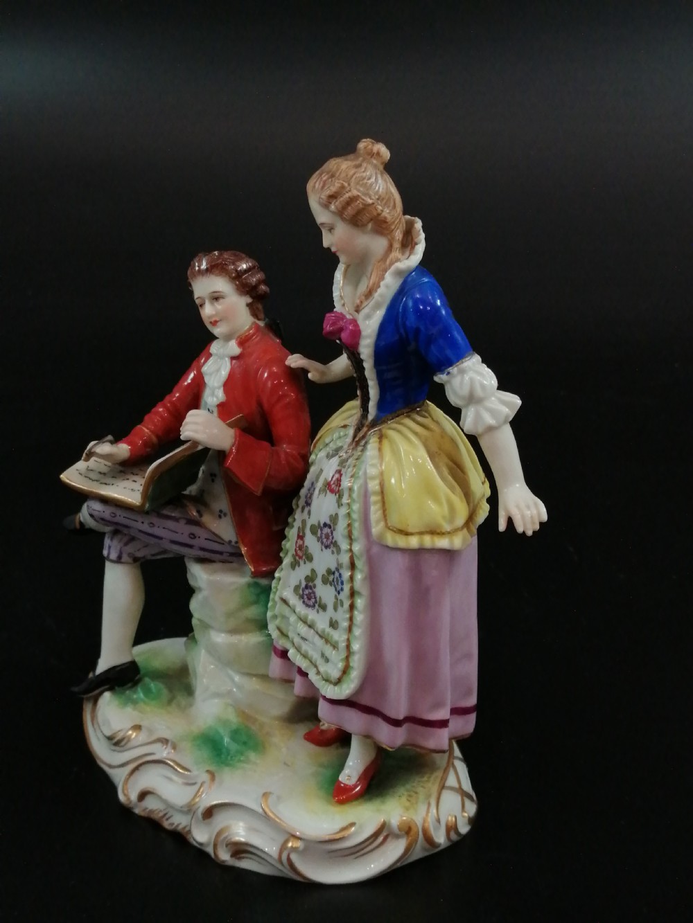 18th Century Antique Ludwigsburg Porcelain Figurine: Lady and Cavalier with an Album View II