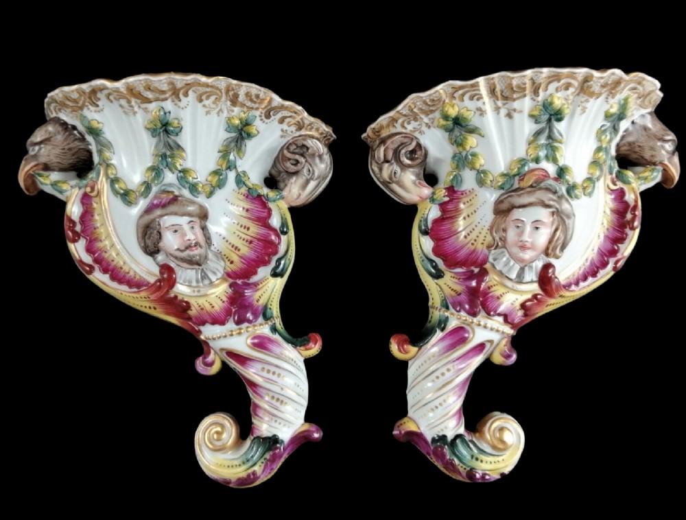 Pair of antique porcelain Rudolstadt Volkstedt wall pockets, mid 19th century