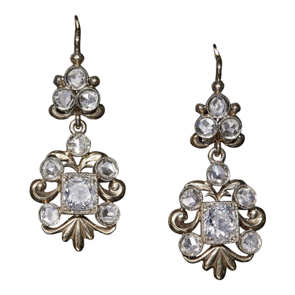 Antique Edwardian 2.10 ct rose & old-cut diamond drop trefoil cluster earrings, boxed