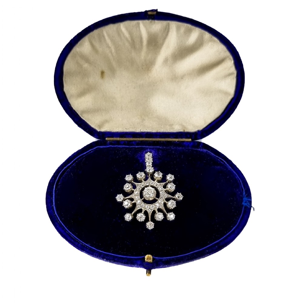 Antique Victorian old-cut diamond starburst / flower pendant 5.90 ct in original box