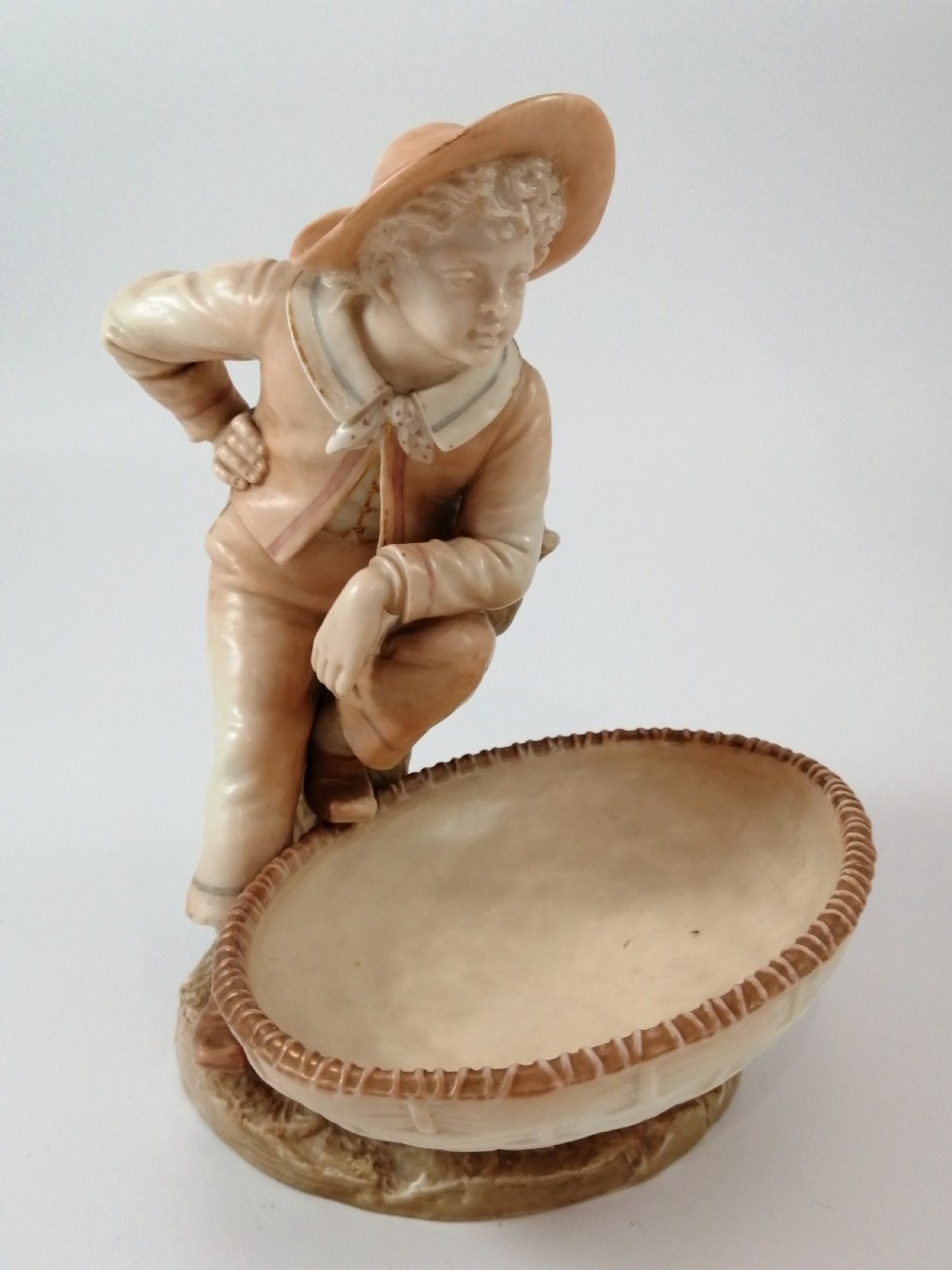 Antique James Hadley Royal Worcester Boy with Basket, Sweetmeat,Candy Dish, 1889