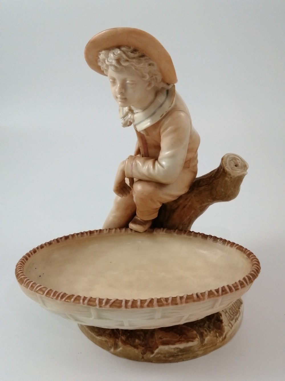 Antique James Hadley Royal Worcester Boy with Basket, Sweetmeat,Candy Dish, 1889 View III