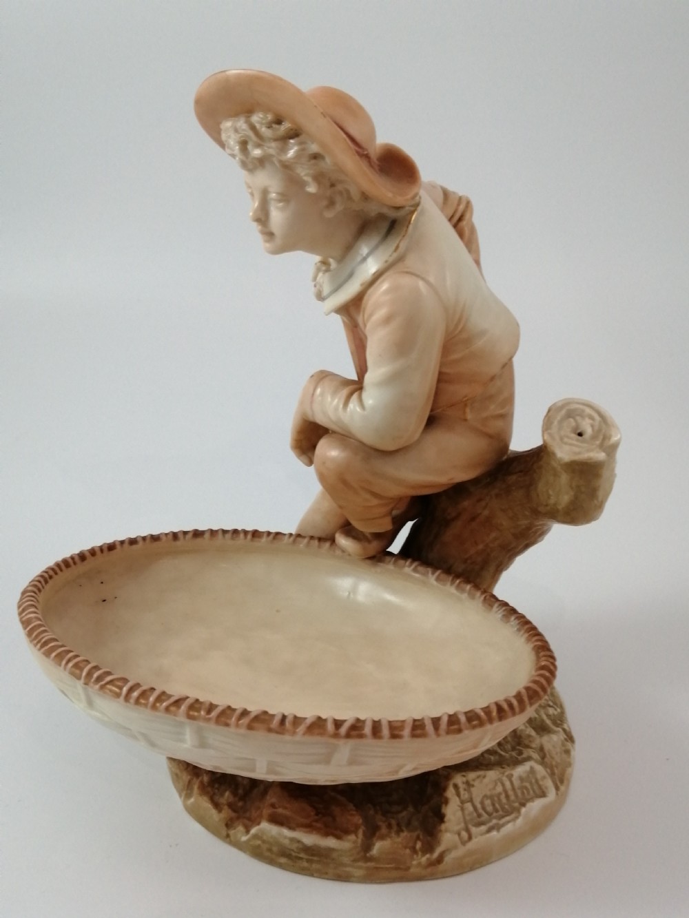 Antique James Hadley Royal Worcester Boy with Basket, Sweetmeat,Candy Dish, 1889 View IV