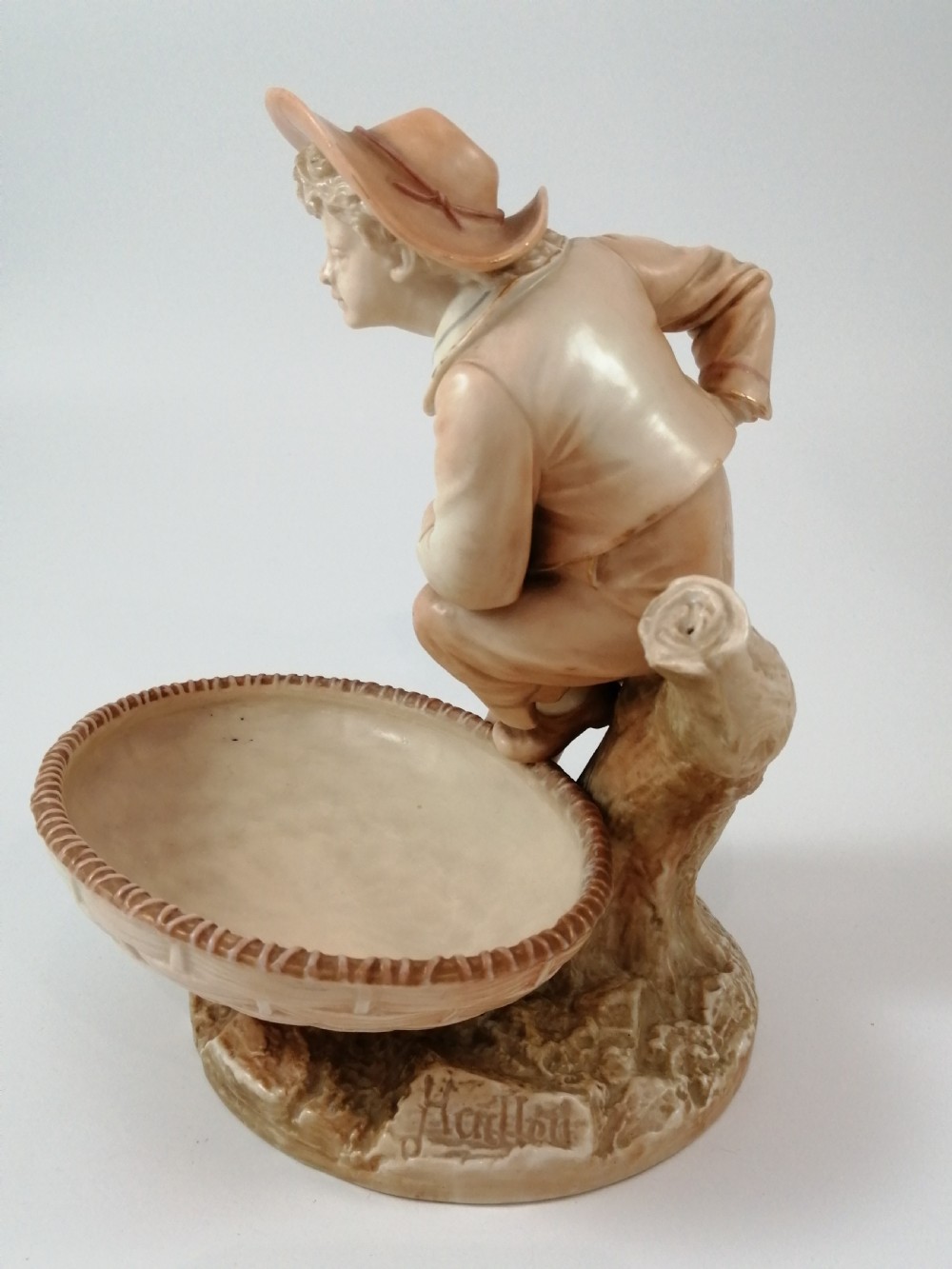 Antique James Hadley Royal Worcester Boy with Basket, Sweetmeat,Candy Dish, 1889 View V