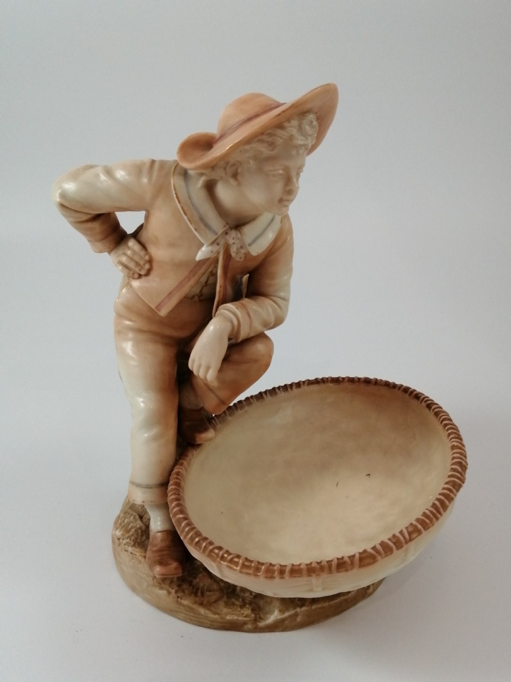 Antique James Hadley Royal Worcester Boy with Basket, Sweetmeat,Candy Dish, 1889 View X