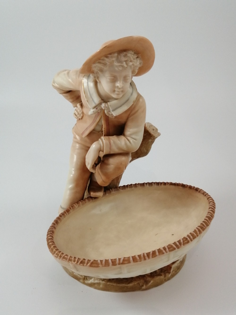 Antique James Hadley Royal Worcester Boy with Basket, Sweetmeat,Candy Dish, 1889 View XI