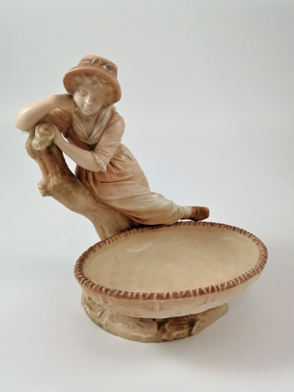 Antique James Hadley Royal Worcester Girl with Basket, Sweetmeat,Candy Dish, 1889