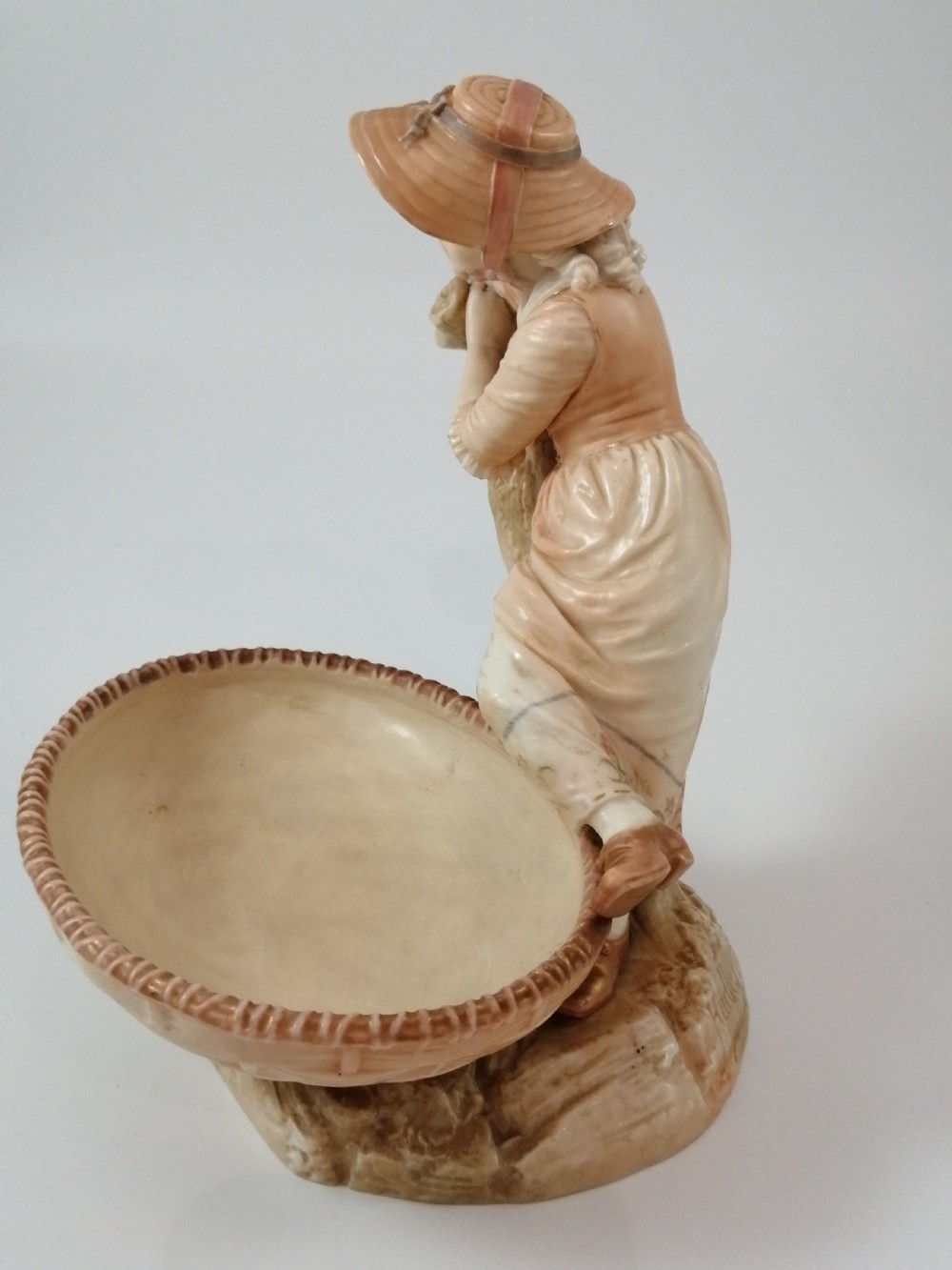 Antique James Hadley Royal Worcester Girl with Basket, Sweetmeat,Candy Dish, 1889 View IV