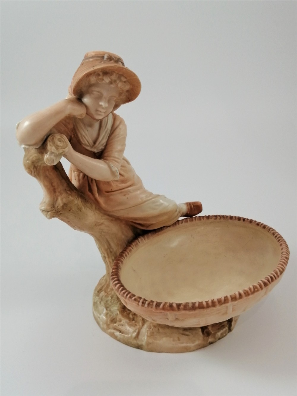 Antique James Hadley Royal Worcester Girl with Basket, Sweetmeat,Candy Dish, 1889 View V