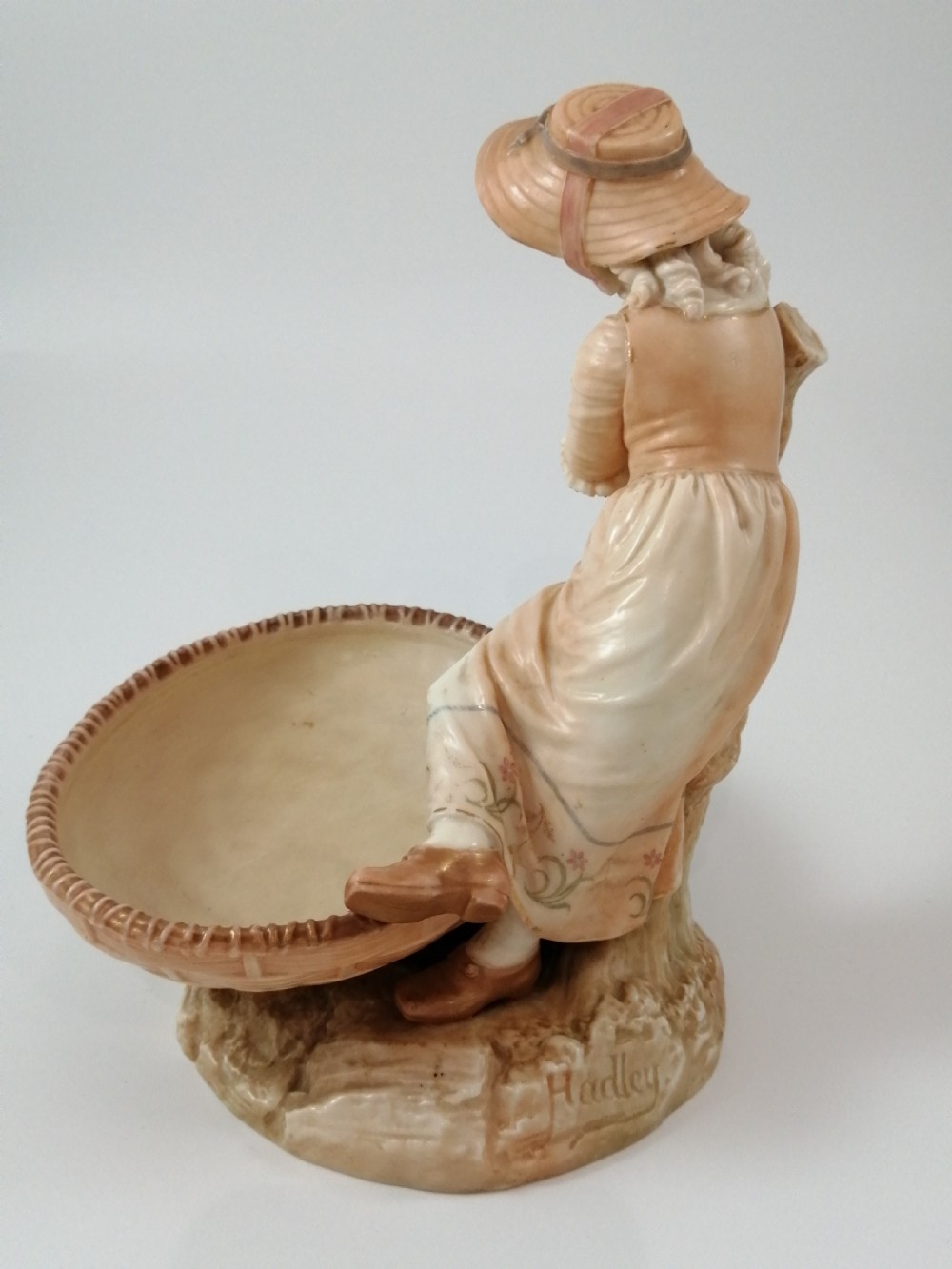 Antique James Hadley Royal Worcester Girl with Basket, Sweetmeat,Candy Dish, 1889 View IX