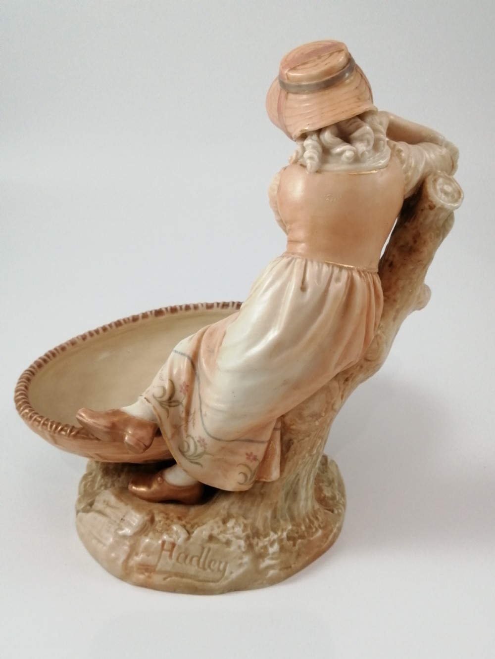 Antique James Hadley Royal Worcester Girl with Basket, Sweetmeat,Candy Dish, 1889 View X